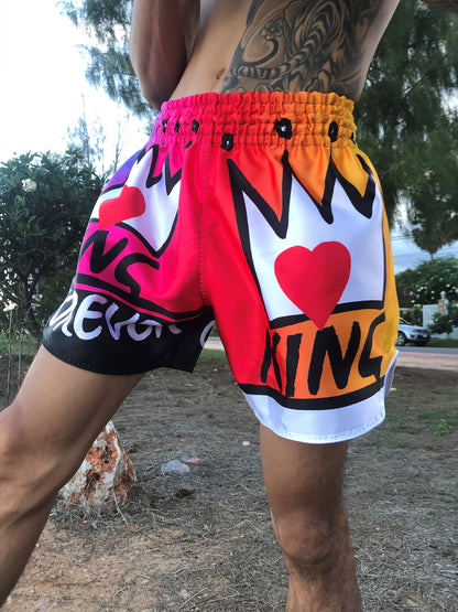 Detail of elastic rainbow waistband and reinforced black stitching on KING Forever Pride Boxing Trunks