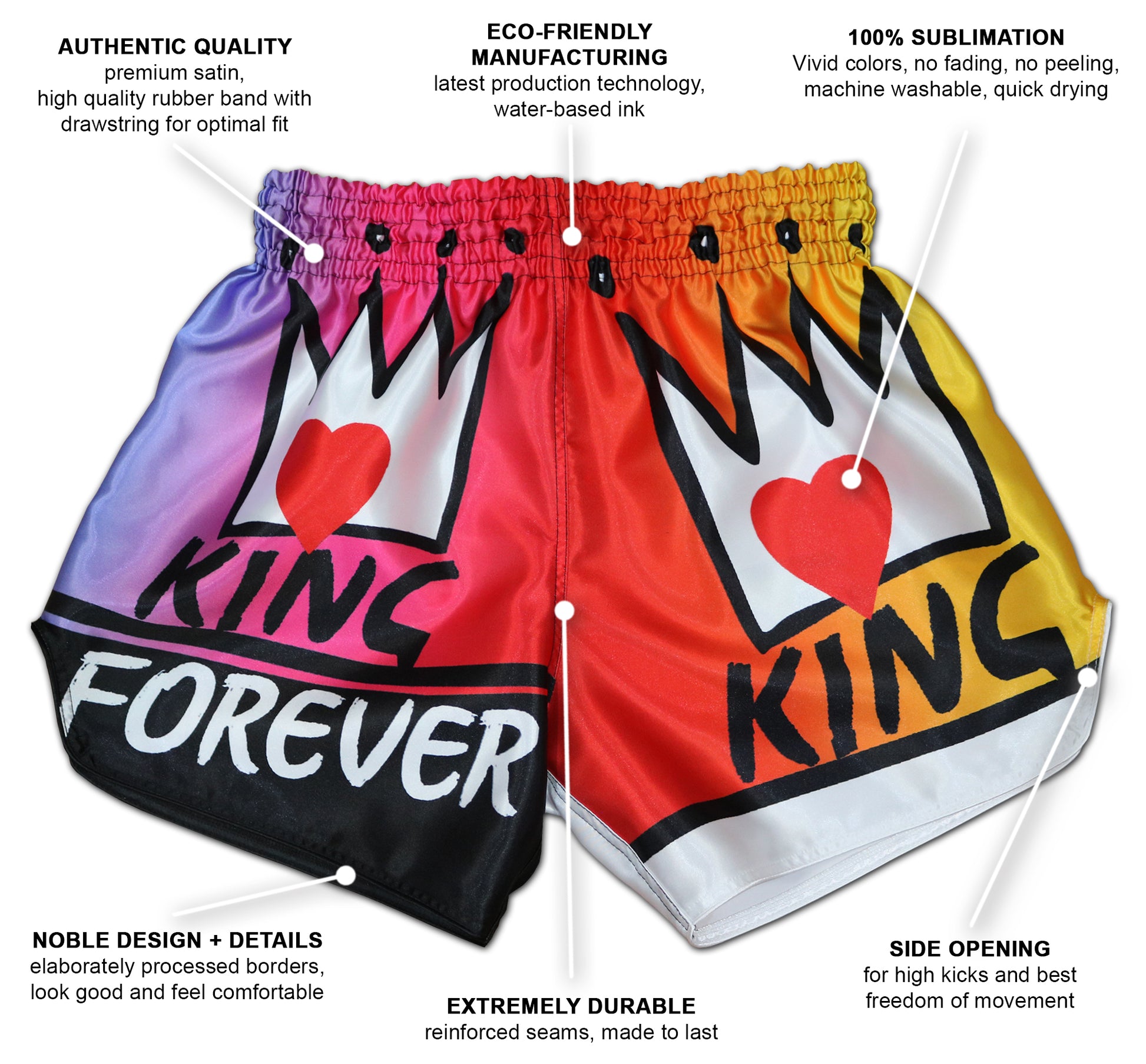 KING Forever Rainbow Pride Boxing Trunks feature overview with premium satin, sublimation print, side openings and reinforced seams