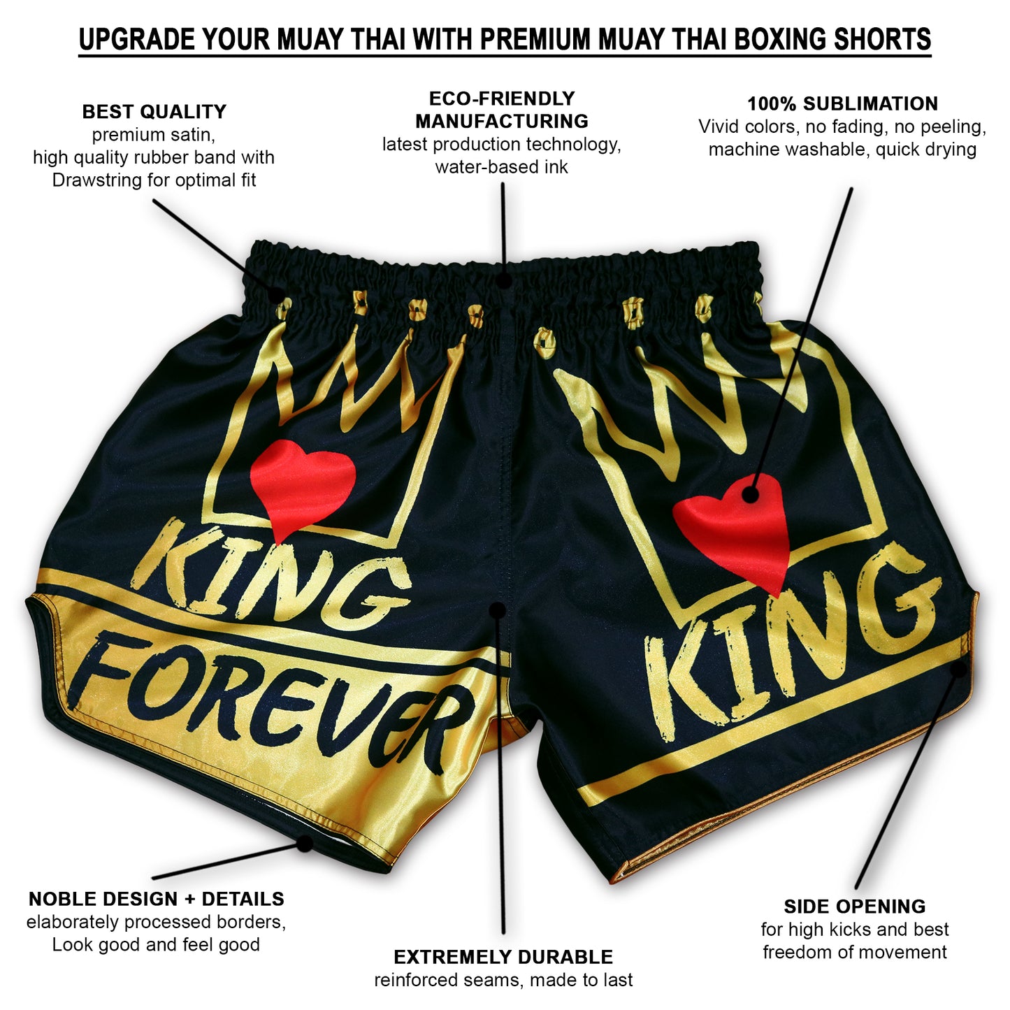 Infographic of KING Forever Muay Thai Boxing Shorts showing premium satin, sublimation print, side openings and reinforced seams