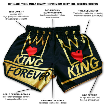 Infographic of KING Forever Muay Thai Boxing Shorts showing premium satin, sublimation print, side openings and reinforced seams