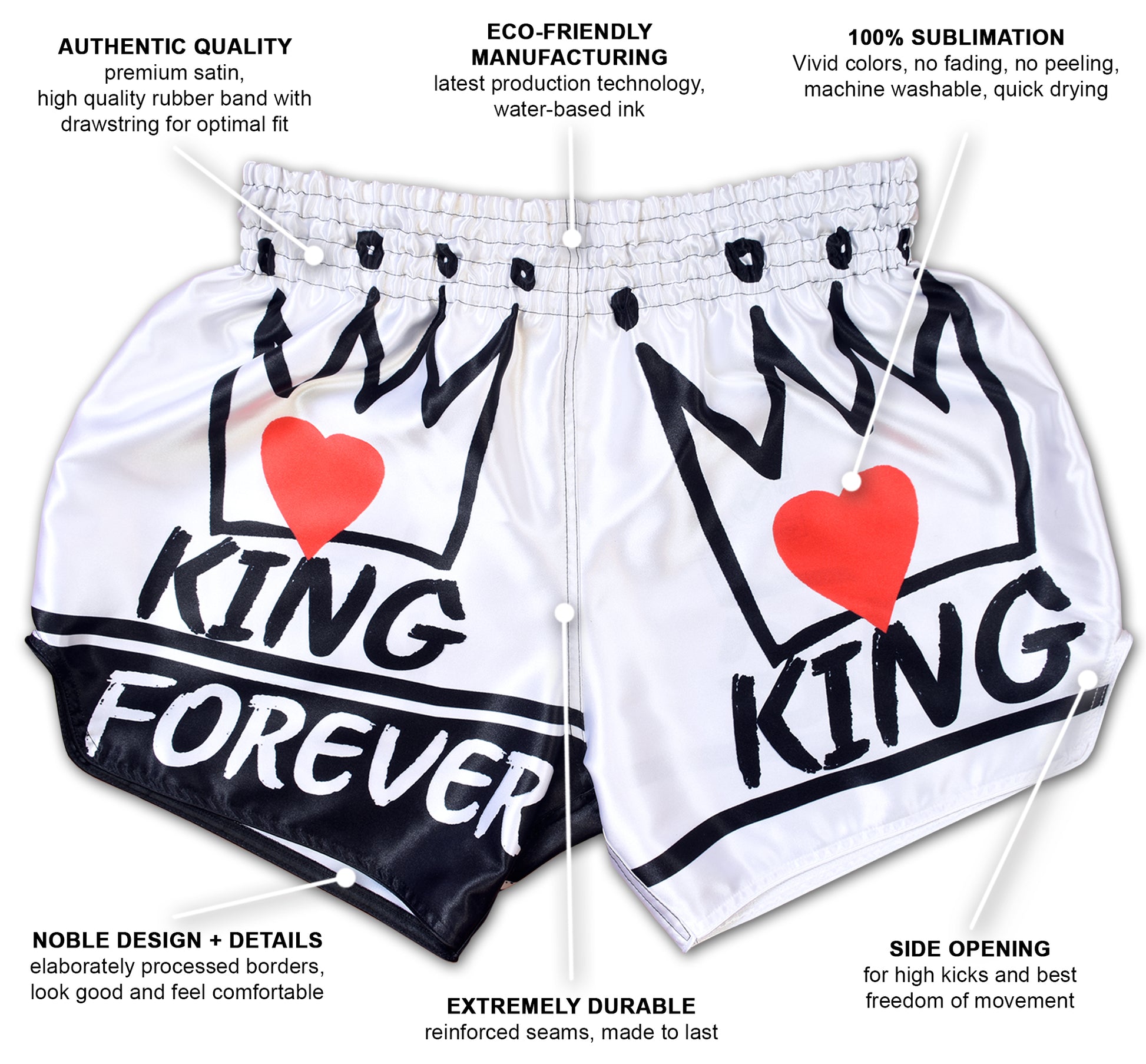 Infographic showing features of KING Forever Muay Thai Boxing Shorts in white