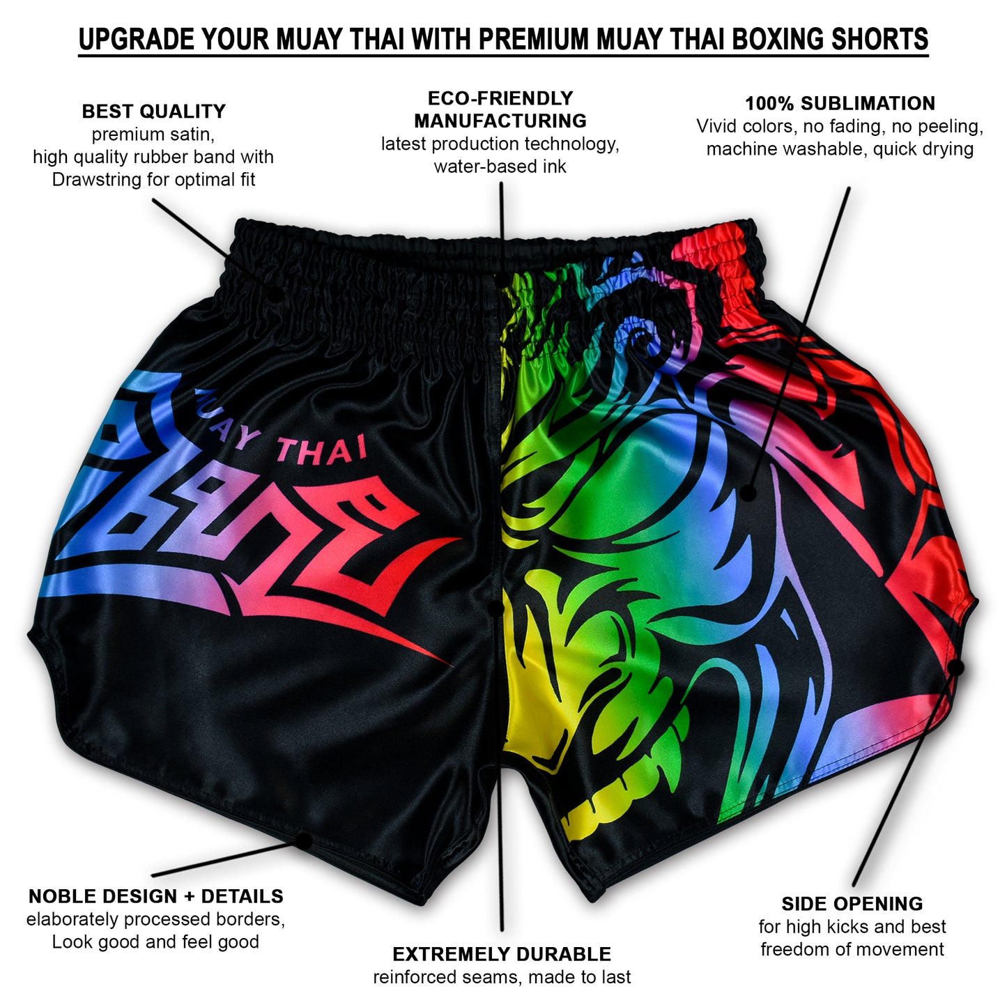 LGBTQ+ Muay Thai Boxing Shorts rainbow Samurai Tribal infographic showing premium satin, 100% sublimation, reinforced seams and side slits