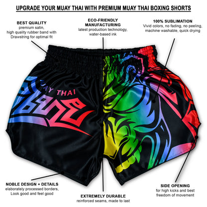 LGBTQ+ Muay Thai Boxing Shorts rainbow Samurai Tribal infographic showing premium satin, 100% sublimation, reinforced seams and side slits