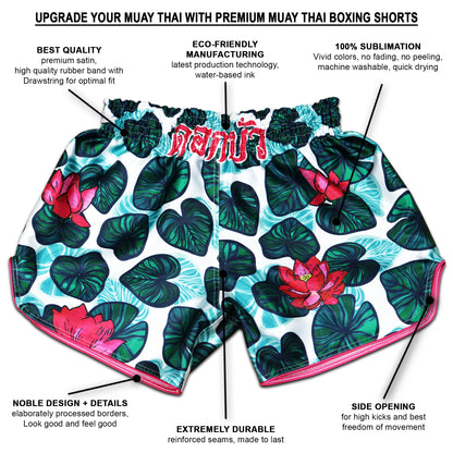Infographic showing features of Lotus Flower Muay Thai Shorts with lotus and lily pad artwork