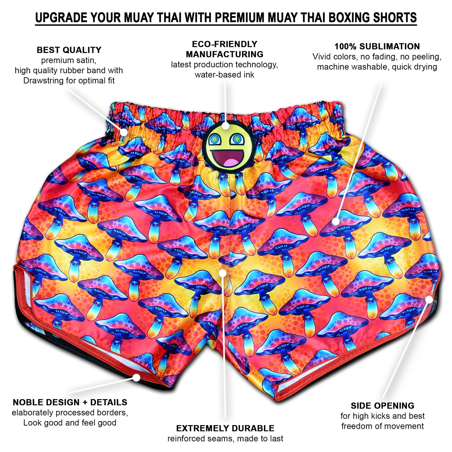 Magic Mushroom Muay Thai Boxing Shorts with premium quality details, sublimation print and side openings