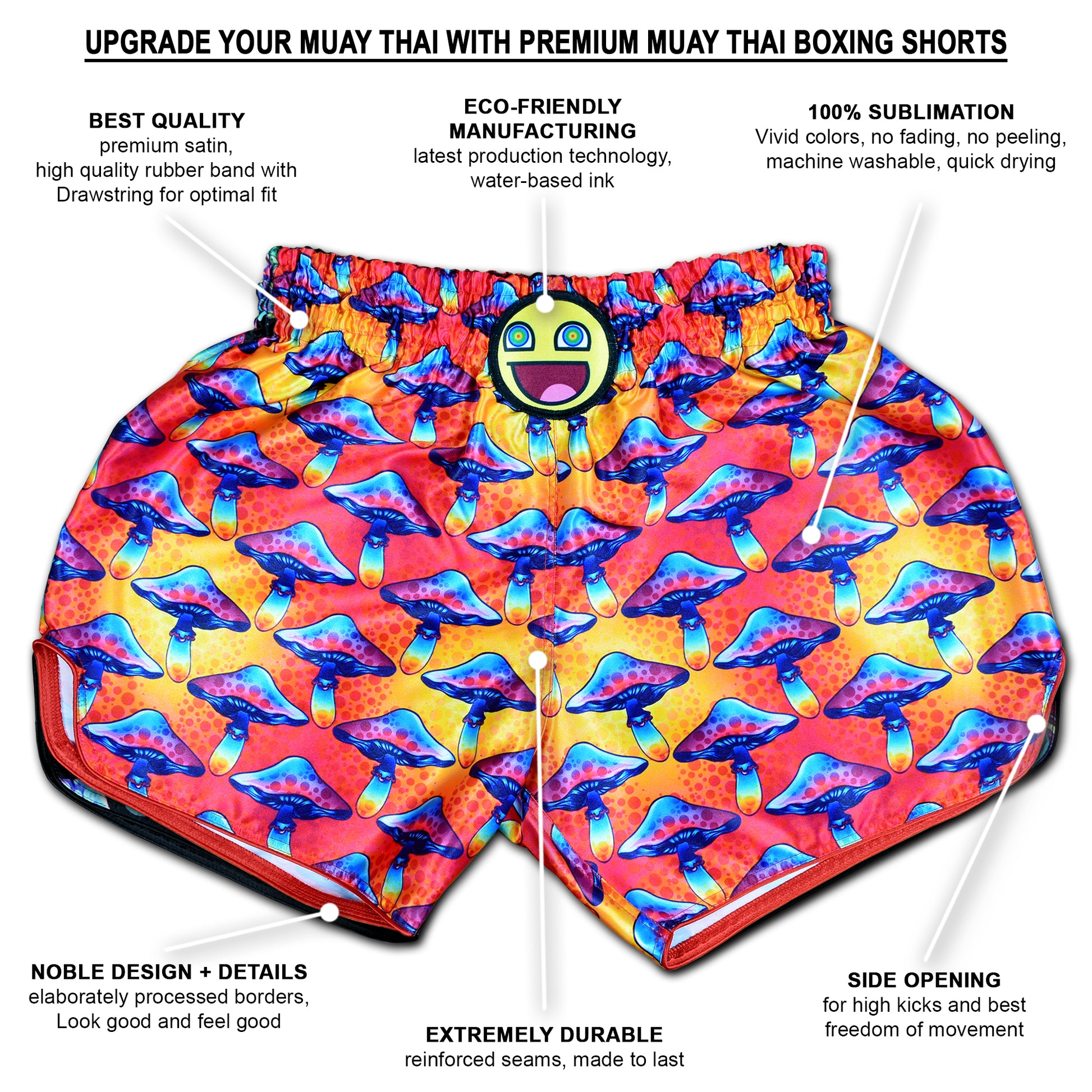 Magic Mushroom Muay Thai Boxing Shorts with premium quality details, sublimation print and side openings