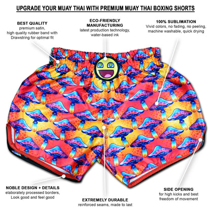 Magic Mushroom Muay Thai Boxing Shorts with premium quality details, sublimation print and side openings