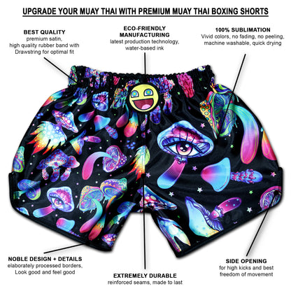 Magic Mushrooms Muay Thai Shorts infographic showing premium satin quality, sublimation printing and reinforced seams