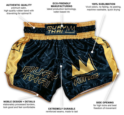 Infographic of Muay Thai King boxing shorts in black and gold showing premium satin, eco friendly sublimation and reinforced seams