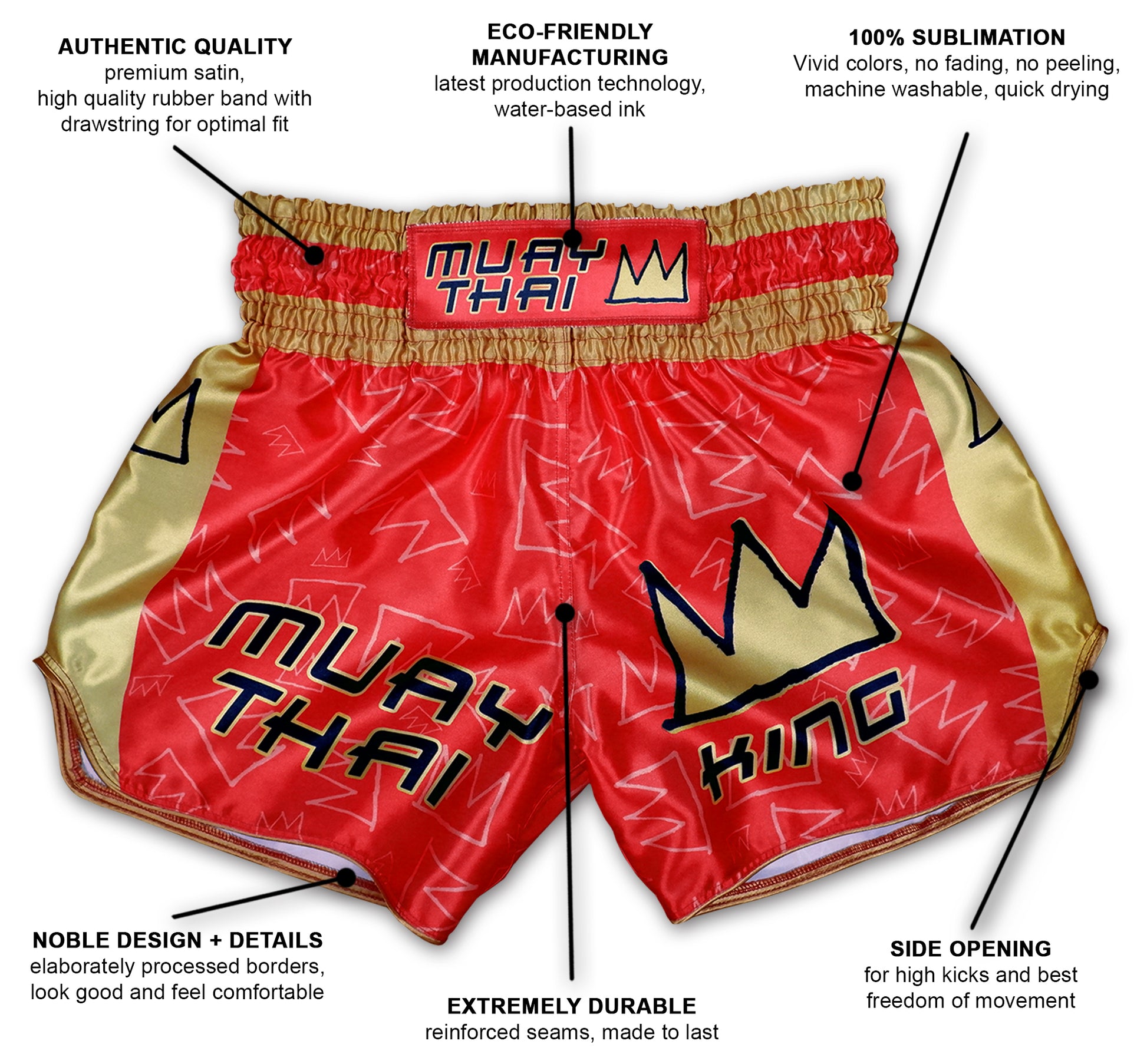 Infographic of Muay Thai King boxing shorts showing premium satin, eco friendly sublimation, side openings and reinforced seams
