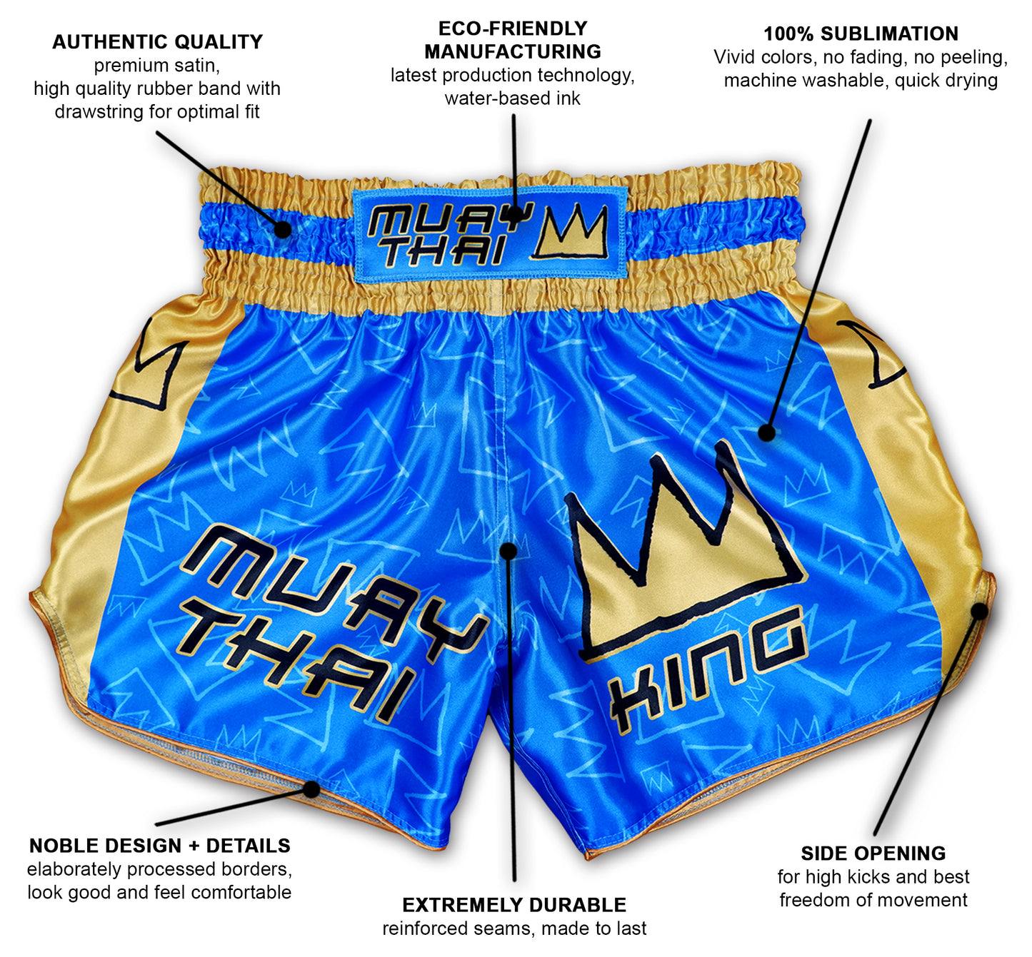 Infographic of Muay Thai King Thaiboxing shorts in blue and gold showing premium satin, eco friendly sublimation and reinforced seams