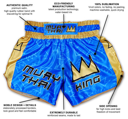 Infographic of Muay Thai King Thaiboxing shorts in blue and gold showing premium satin, eco friendly sublimation and reinforced seams