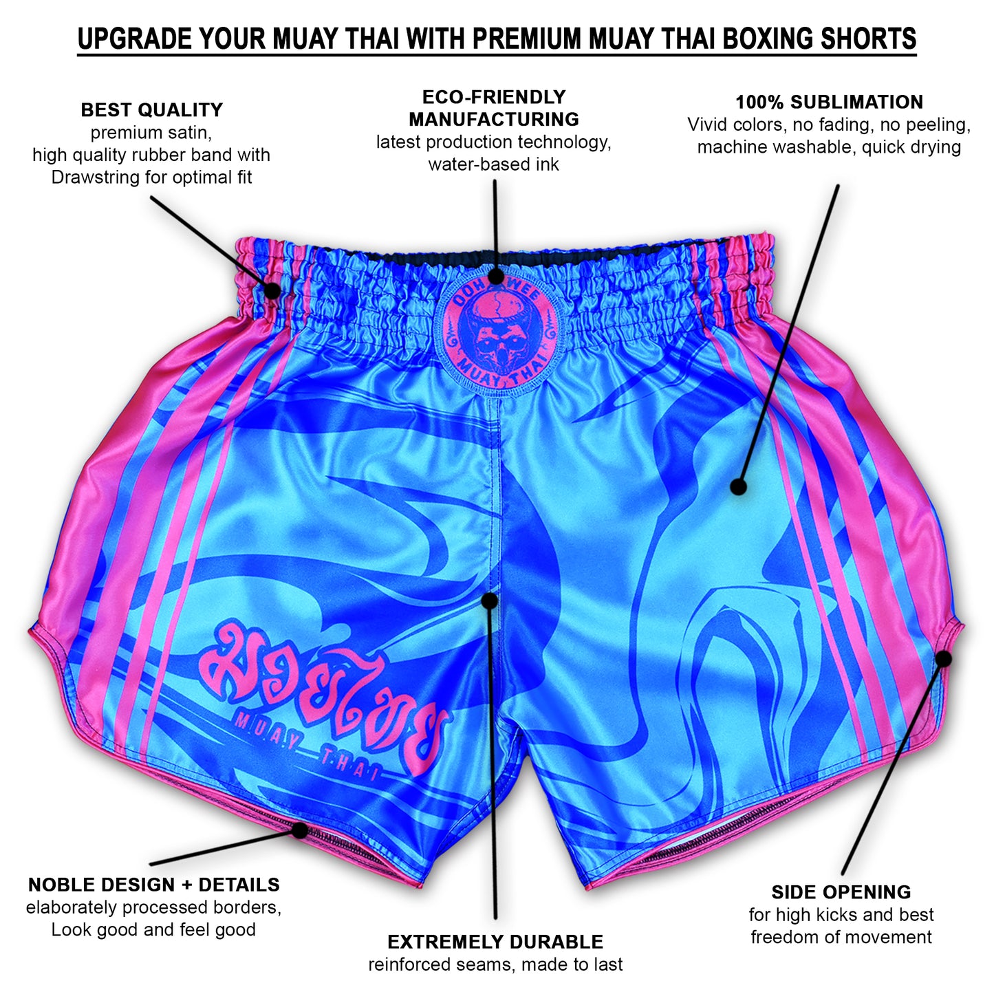 OOWEE Art of 8 Limbs Muay Thai Shorts in vibrant blue and pink with Thai script and premium satin finish