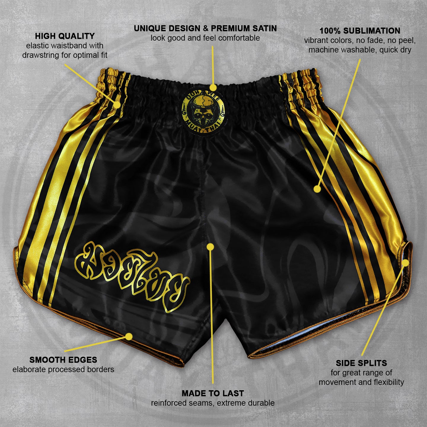 OOWEE Kickboxing Shorts in black and gold with gold stripes and OOWEE skull logo handmade in Thailand