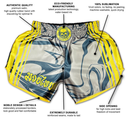 OOWEE Muay Thai Shorts infographic showing premium satin, 100% sublimation, reinforced seams and side slits in gray and yellow