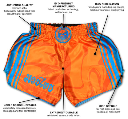 OOWEE Muay Thai Shorts infographic showing premium satin, 100% sublimation, reinforced seams and side slits in orange and blue