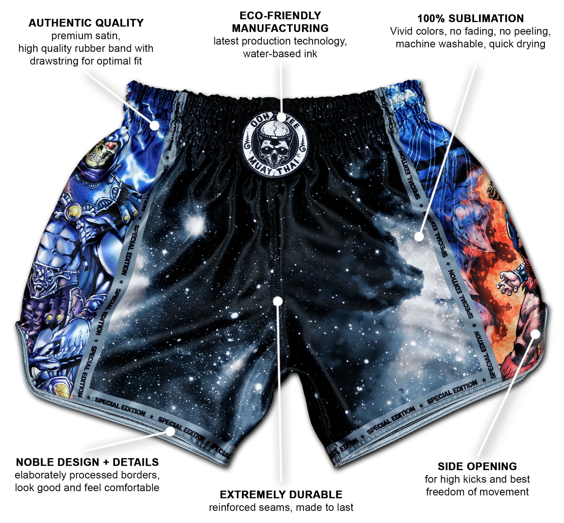 OOWEE Masters of the Universe Muay Thai Shorts infographic showing premium satin, reinforced seams and side slits