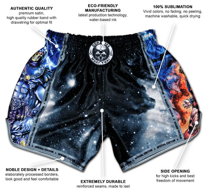 OOWEE Masters of the Universe Muay Thai Shorts infographic showing premium satin, reinforced seams and side slits