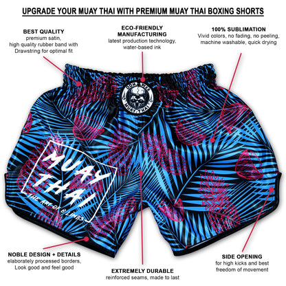 OOWEE Tropical Thai Boxing Shorts infographic showing premium satin, 100% sublimation, reinforced seams and side slits in black blue and pink