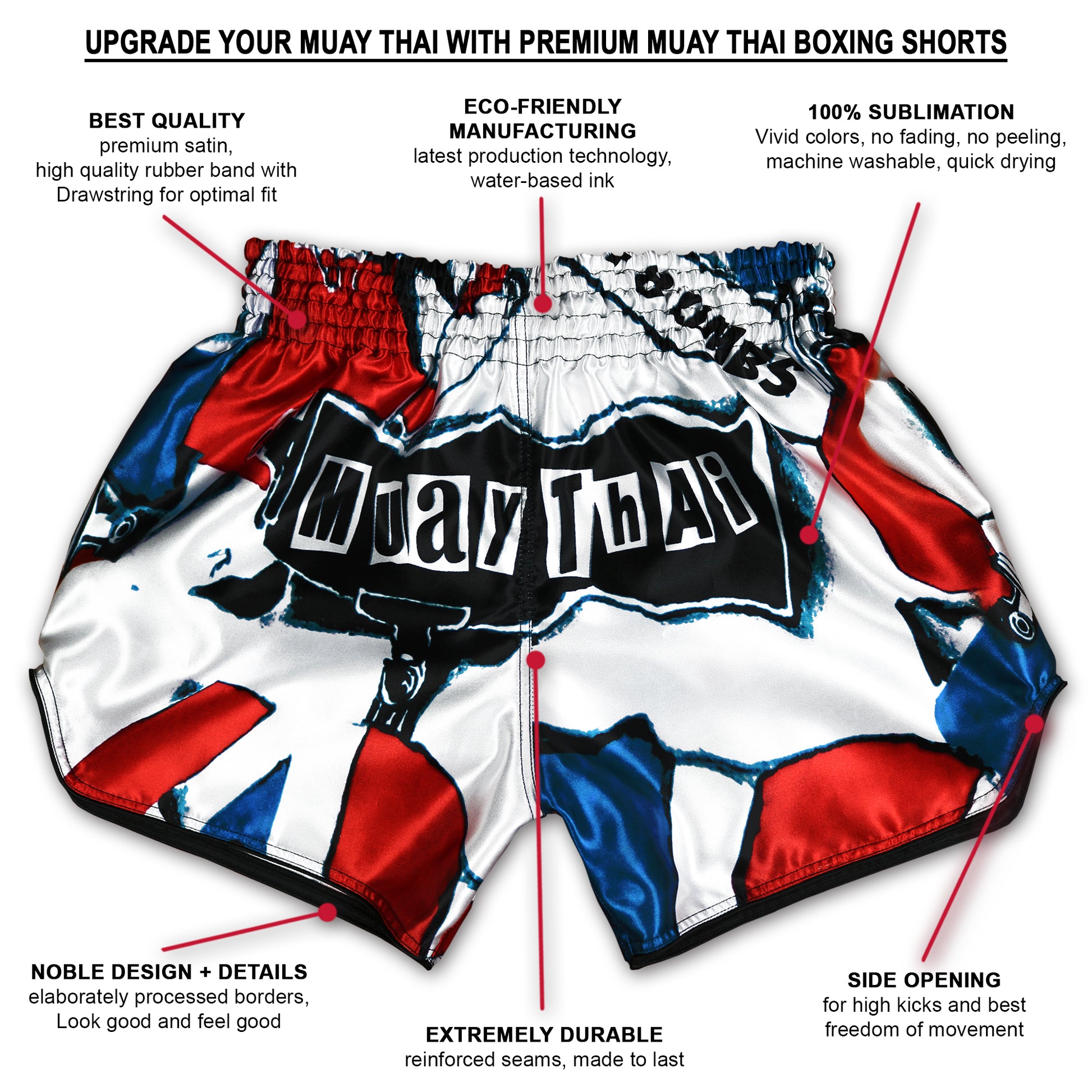 Patriot Muay Thai Shorts infographic showing premium satin, 100% sublimation, reinforced seams and side slits in red white and blue