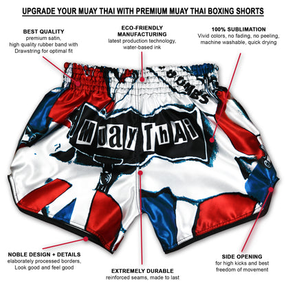 Patriot Muay Thai Shorts infographic showing premium satin, 100% sublimation, reinforced seams and side slits in red white and blue