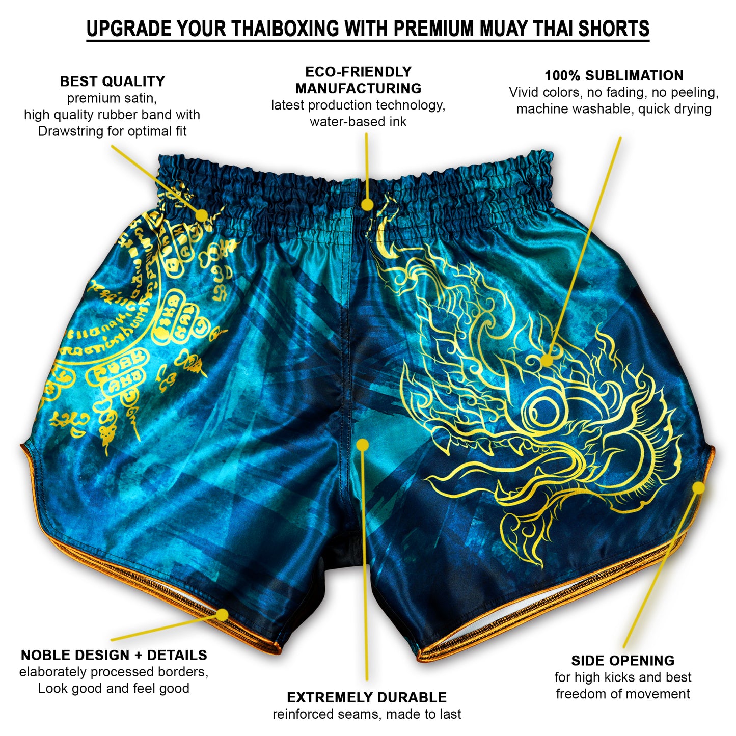 Infographic of Phaya Naga aqua blue Muay Thai Fight Shorts showing premium satin, eco-friendly sublimation, side opening and reinforced seams