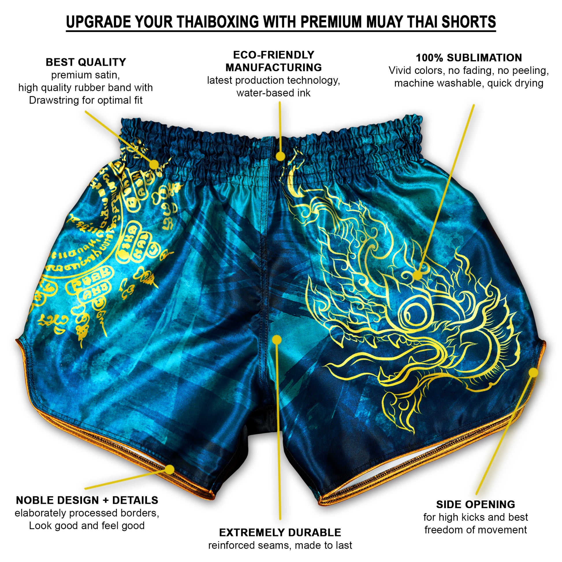 Infographic of Phaya Naga aqua blue Muay Thai Fight Shorts showing premium satin, eco-friendly sublimation, side opening and reinforced seams