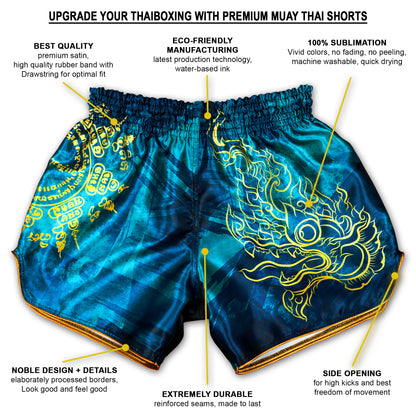 Infographic of Phaya Naga aqua blue Muay Thai Fight Shorts showing premium satin, eco-friendly sublimation, side opening and reinforced seams