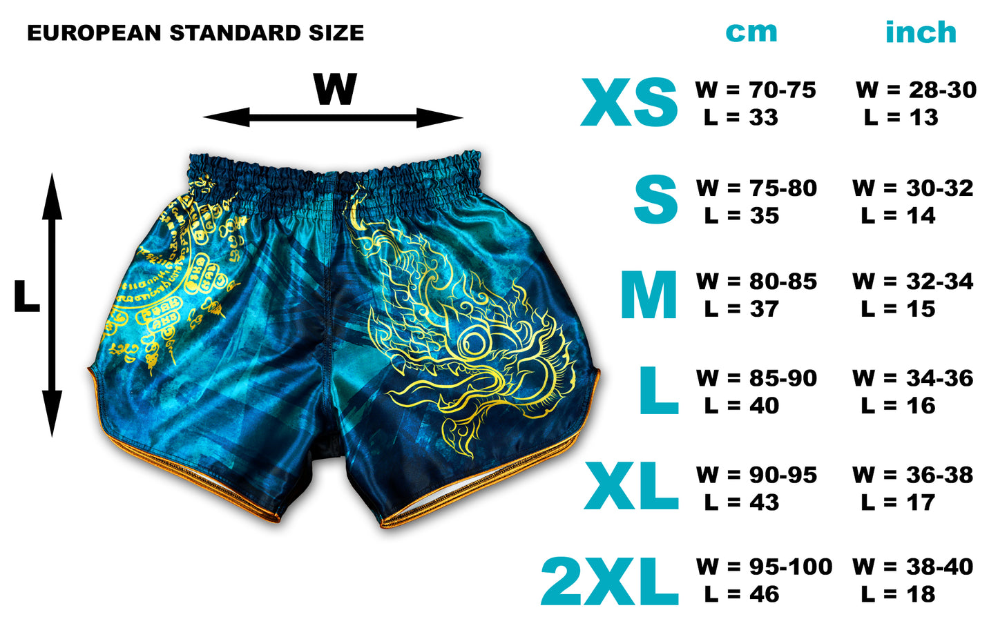Phaya Naga aqua blue Muay Thai Fight Shorts European size chart with measurements for XS, S, M, L, XL and 2XL in cm and inch