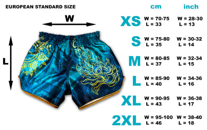 Phaya Naga aqua blue Muay Thai Fight Shorts European size chart with measurements for XS, S, M, L, XL and 2XL in cm and inch