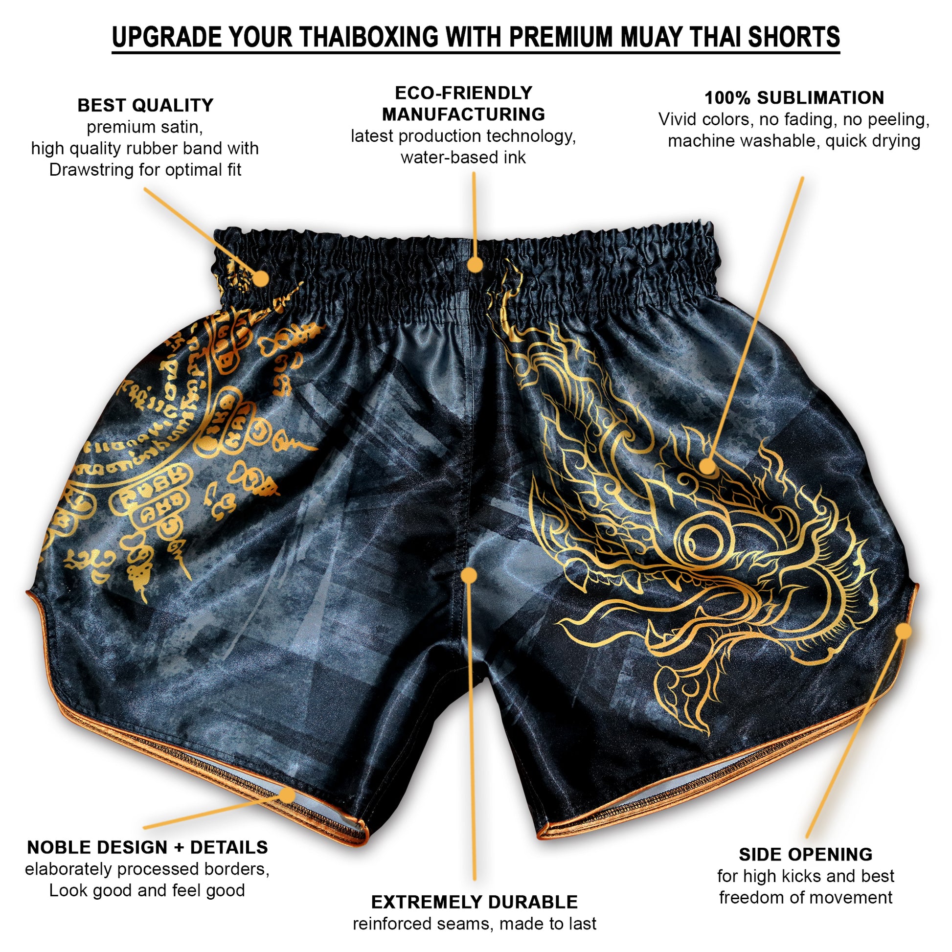 Phaya Naga Muay Thai fight shorts feature breakdown: premium satin, eco-friendly water-based ink, 100% sublimation, reinforced seams and side opening for high kicks