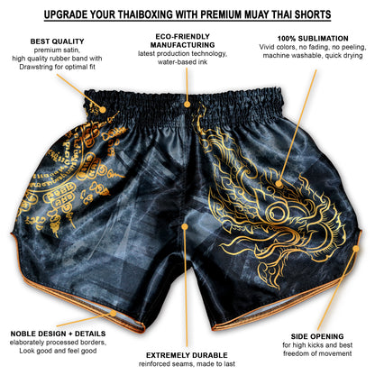 Phaya Naga Muay Thai fight shorts feature breakdown: premium satin, eco-friendly water-based ink, 100% sublimation, reinforced seams and side opening for high kicks
