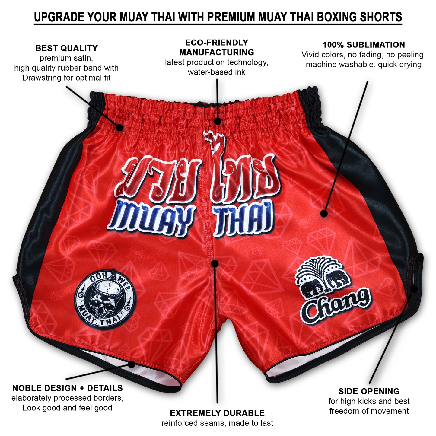 Red Corner Muay Thai Boxing Shorts infographic showing premium satin, reinforced seams and side slits for mobility