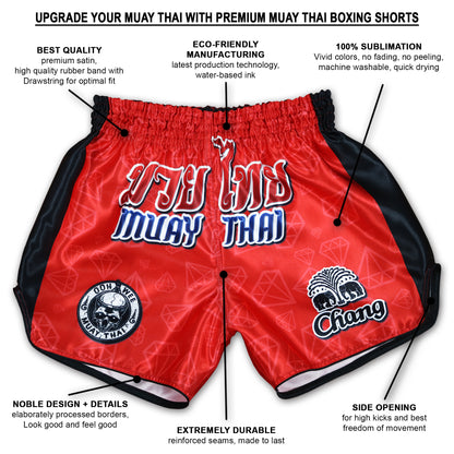 Red Corner Muay Thai Boxing Shorts infographic showing premium satin, reinforced seams and side slits for mobility