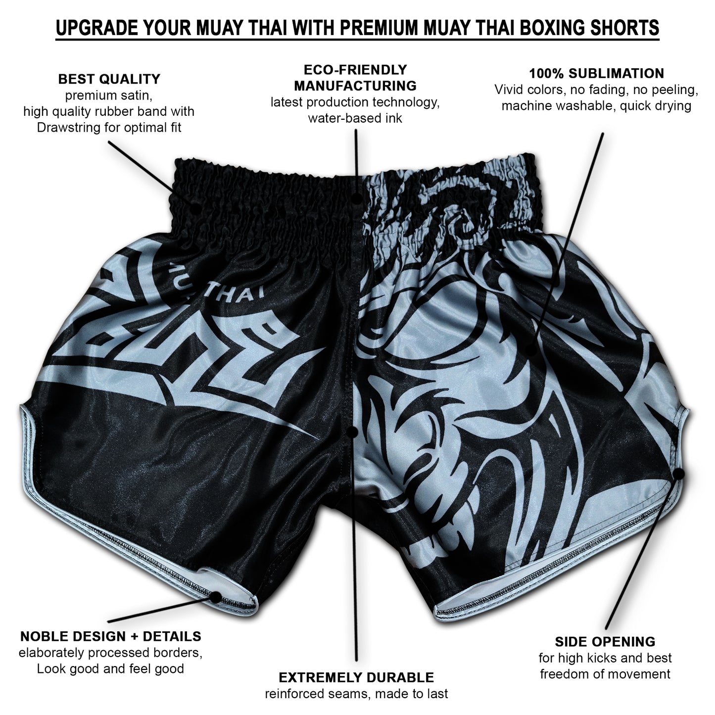 Infographic of Samurai Tribal fight shorts in silver gray and black showing premium satin, water-based sublimation, side opening and reinforced seams