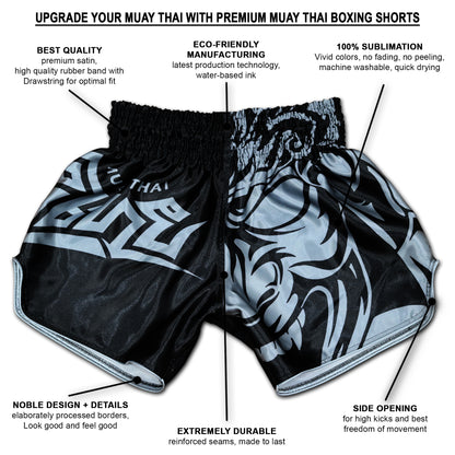 Infographic of Samurai Tribal fight shorts in silver gray and black showing premium satin, water-based sublimation, side opening and reinforced seams