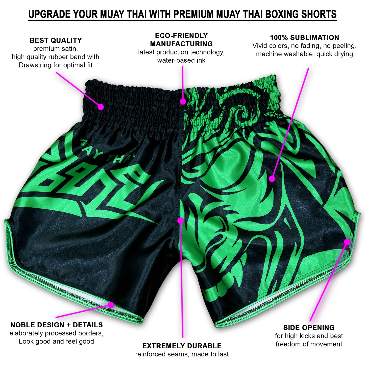 Infographic of Samurai Tribal fight shorts showing premium satin, water-based sublimation, side opening and reinforced seams
