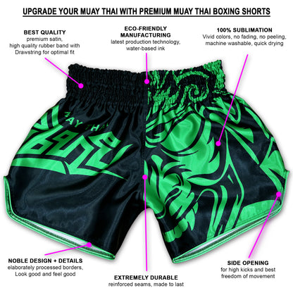 Infographic of Samurai Tribal fight shorts showing premium satin, water-based sublimation, side opening and reinforced seams
