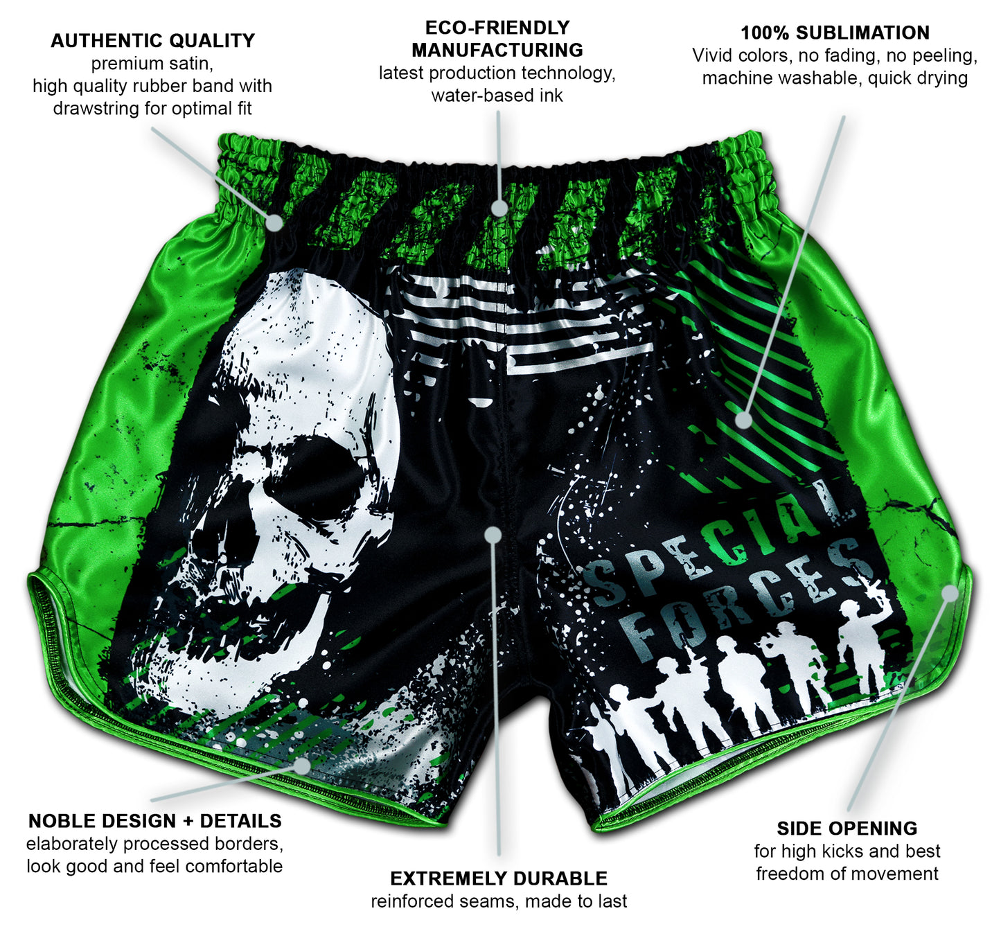 Special Forces Fight Shorts for Muay Thai and gamers infographic showing premium satin, sublimation, side openings and reinforced seams.