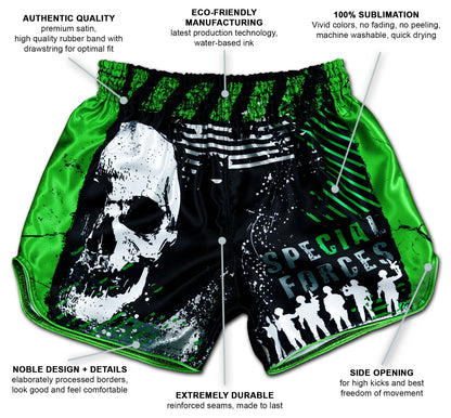 Special Forces Fight Shorts for Muay Thai and gamers infographic showing premium satin, sublimation, side openings and reinforced seams.