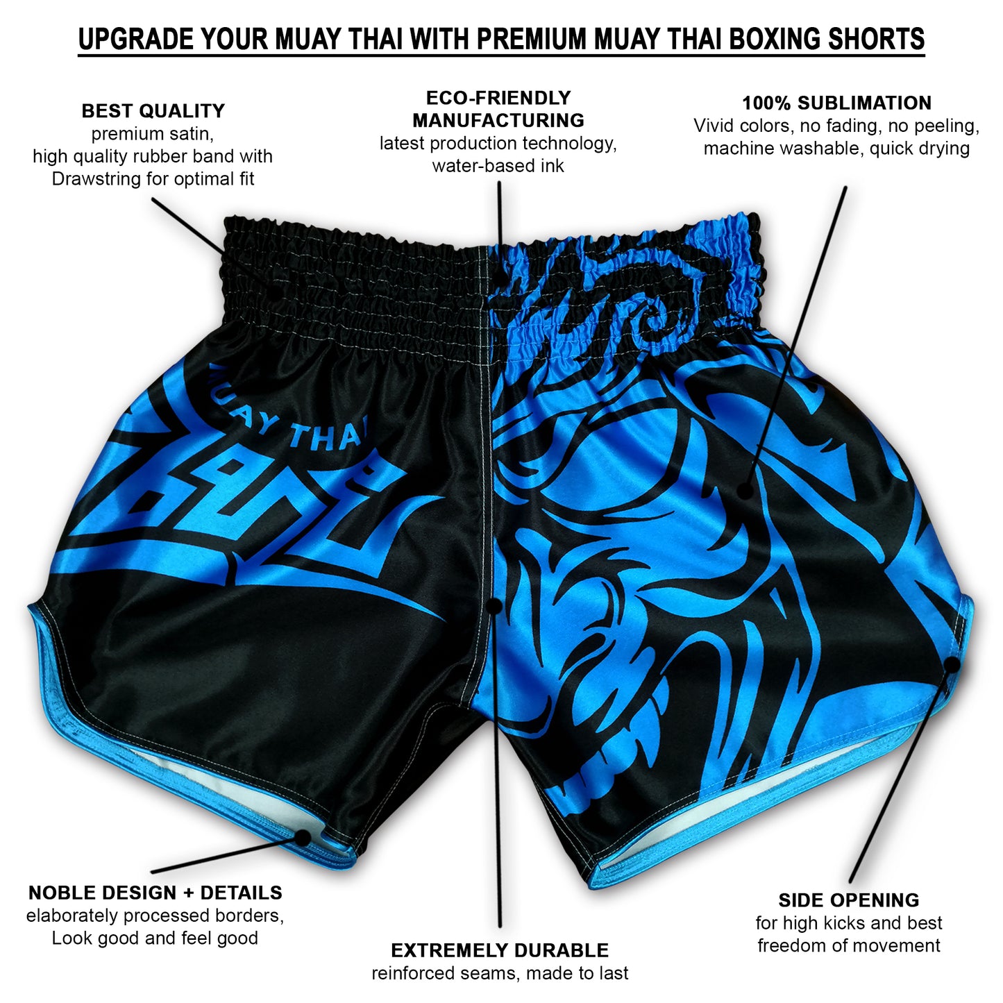 Infographic showing premium satin construction, 100% sublimation print, side openings and reinforced seams of Tribal Samurai blue fight shorts
