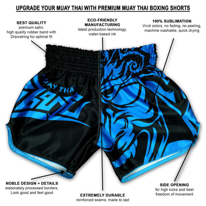Infographic showing premium satin construction, 100% sublimation print, side openings and reinforced seams of Tribal Samurai blue fight shorts