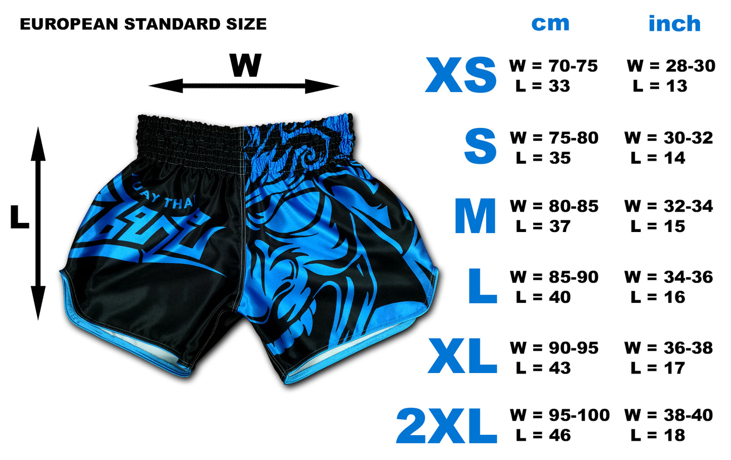 Size chart for Tribal Samurai Thai boxing shorts available in XS to 2XL with waist and length measurements in cm and inch