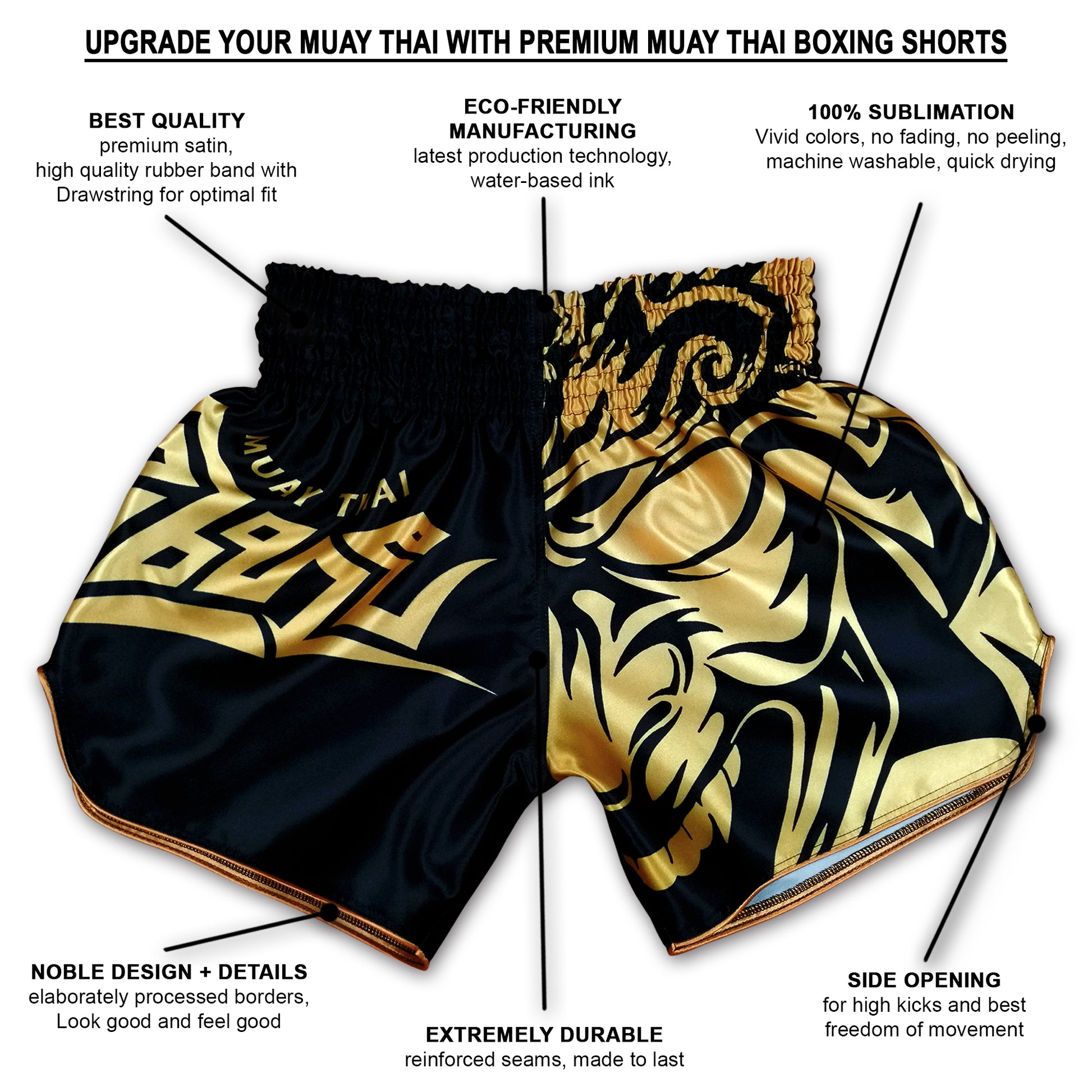 Tribal Samurai Muay Thai Boxing Shorts Black Gold features infographic showing premium satin, eco-friendly sublimation, reinforced seams and side openings for high kicks