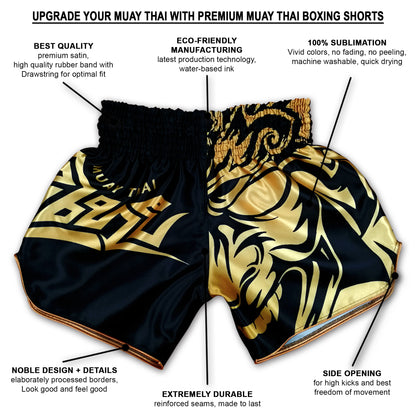 Tribal Samurai Muay Thai Boxing Shorts Black Gold features infographic showing premium satin, eco-friendly sublimation, reinforced seams and side openings for high kicks