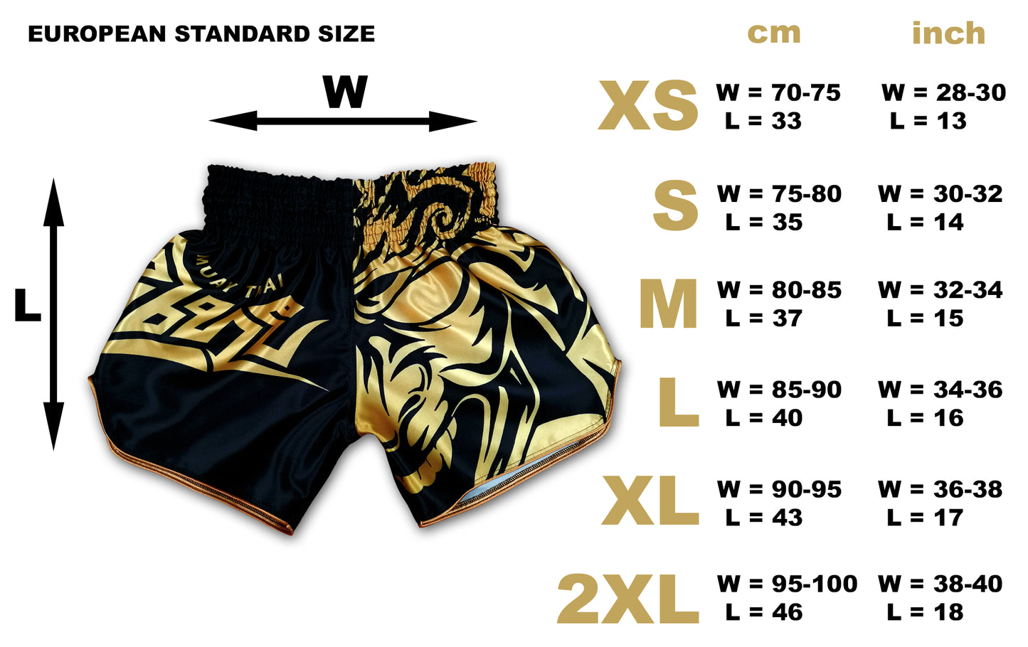 Tribal Samurai Muay Thai Boxing Shorts Black Gold size chart with waist and length measurements for XS to 2XL in cm and inches, European standard