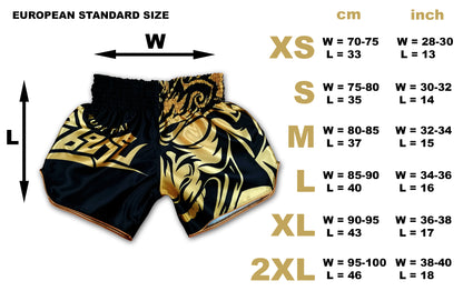 Tribal Samurai Muay Thai Boxing Shorts Black Gold size chart with waist and length measurements for XS to 2XL in cm and inches, European standard