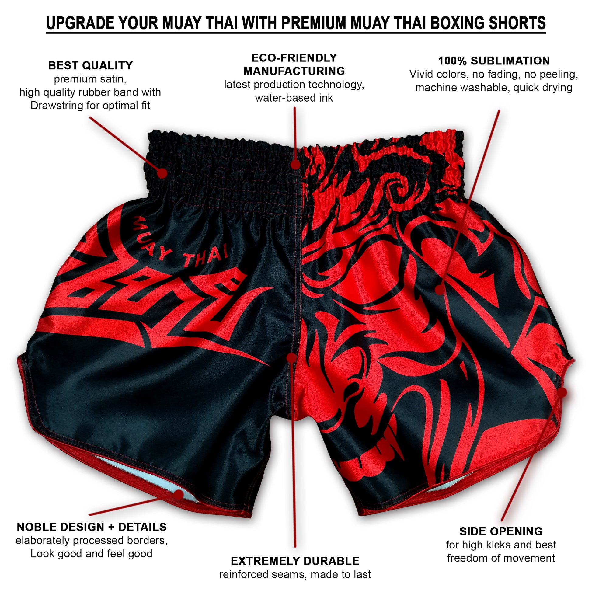 Infographic showing premium satin construction, 100% sublimation print, side openings and reinforced seams of Tribal Samurai red fight shorts