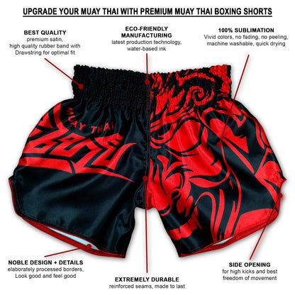 Infographic showing premium satin construction, 100% sublimation print, side openings and reinforced seams of Tribal Samurai red fight shorts