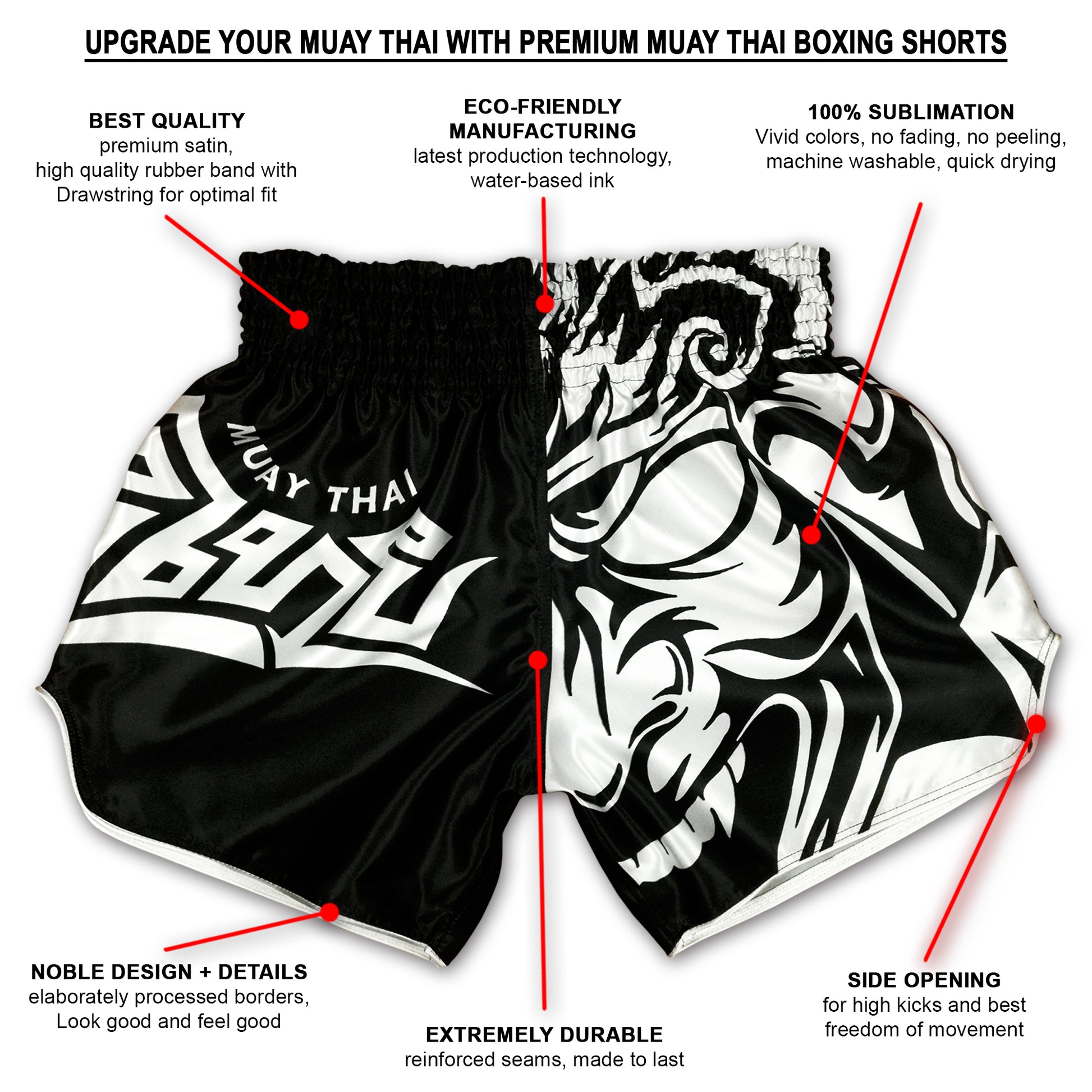 Info graphic for Tribal Samurai Muay Thai Boxing Shorts showing premium satin, sublimation print, side openings and reinforced seams